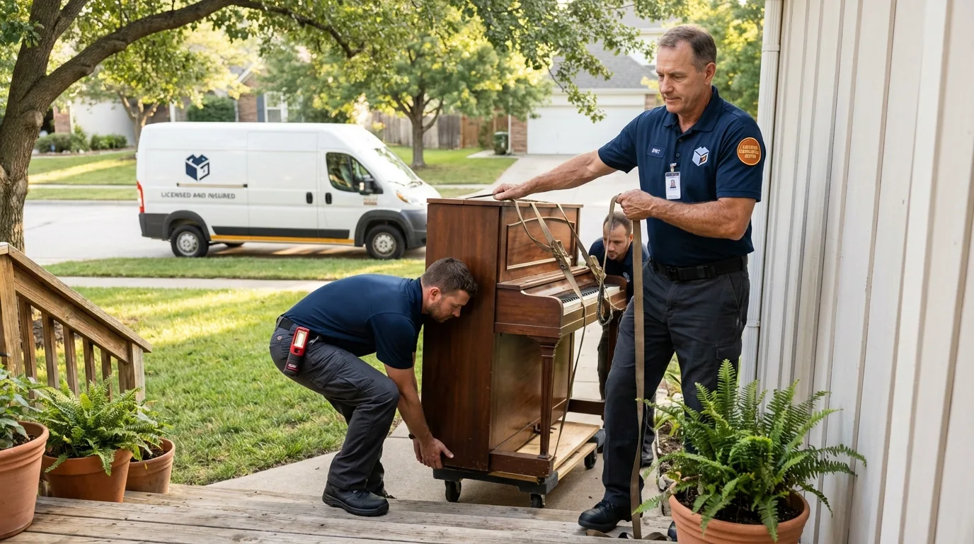 Licensed piano movers securing grand piano in Moorhead, MS
