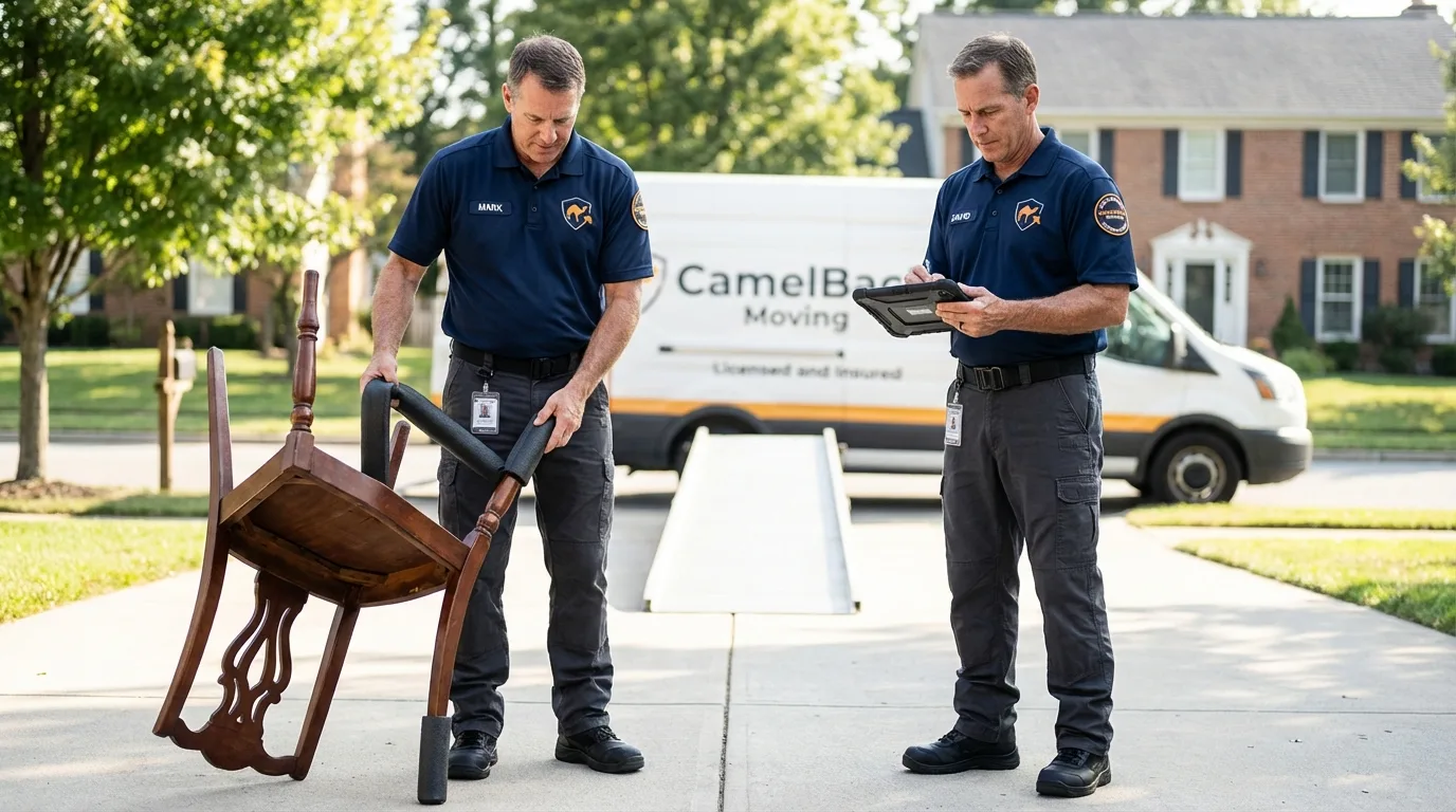 Movers inspecting furniture for damage prevention before loading in Moorhead, MS